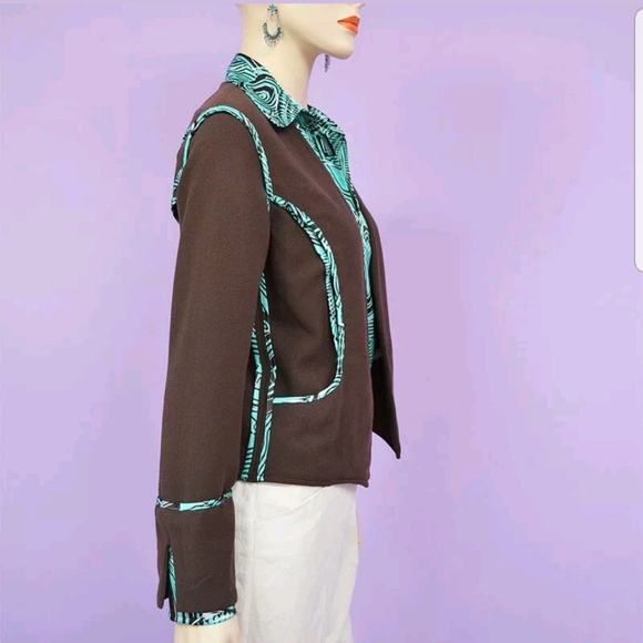 Brown & Green Reversible Blazer Polyester Open Front w/ POCKETS HANDMADE IN USA - Picture 5 of 7